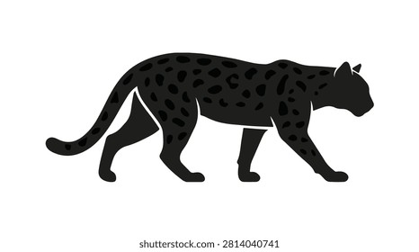 Wildlife image of a black jaguar with distinctive spots and long tail in profile view emphasizing its powerful build and stealthy movement
