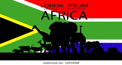 Wildlife image on the African flag background, Black silhouette of animals on a colorful background. Illustration, African Wildlife Background. vector.
