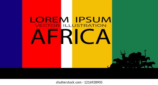 Wildlife image on the African flag background, Black silhouette of animals on a colorful background. Illustration, African Wildlife Background. vector.