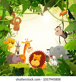 Wildlife Jungle Animals Background/
Illustration of cute cartoon wild animals from african savannah, including lion, gorilla, elephant, giraffe, gazelle, monkey and zebra with jungle background