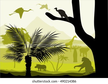 Wildlife jungle scene silhouette, trees and monkeys and other animals black silhouettes, vector illustration