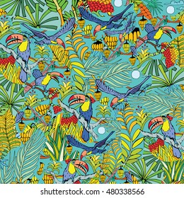 Wildlife in the Jungle. Toucan bird. Hand Drawn Background on the Jungle theme.