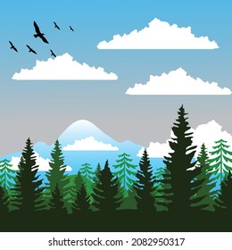 Naturlandschaft Hintergrund Bergwaldvögel Symbole Dekoration. 