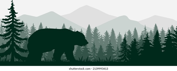 wildlife landscape with bear silhouette and forest, panoramic format realistic vector EPS