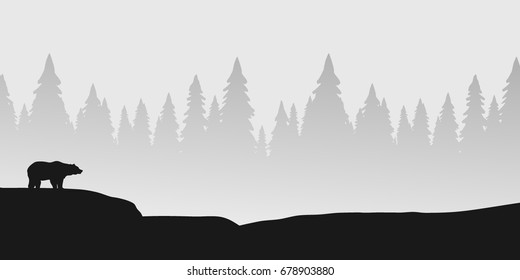 Wildlife Landscape With Bear Silhouette And Forest, Black And White Panoramic Format Realistic Vector