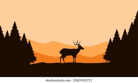 Wildlife landscape of deer silhouette on a mountain ridge scenery. Panoramic view of deer on a hill with coniferous tree. Vector illustration of scenic landscape with deer in the pine forest