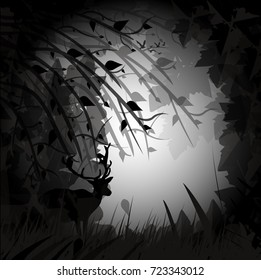 Wildlife landscape with deer. Vector illustration
