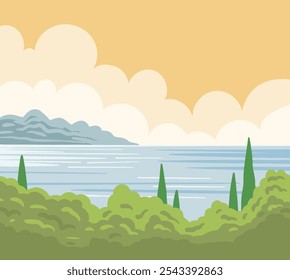 Wildlife landscape with forest. Southern resort. Sea and mountains. Beautiful calm nature. Picturesque landscape. Summer day. Flat vector illustration for background