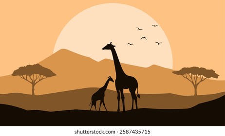 Wildlife landscape of a giraffe in a savannah scenery. Panoramic view of giraffe eating leaves from african tree. Vector illustration of scenic savanna with giraffe and flock of birds in the grassland