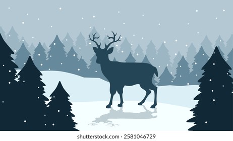 Wildlife landscape of reindeer in a winter scenery. Panoramic view of reindeer on a snowy hill with coniferous trees. Vector illustration of scenic landscape with reindeer on a cold season