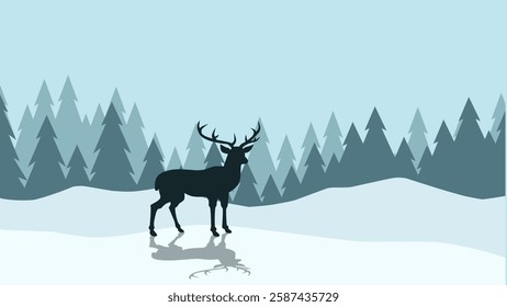 Wildlife landscape of reindeer in a winter scenery. Panoramic view of reindeer on a snowy hill with coniferous trees. Vector illustration of scenic landscape with reindeer on a cold season