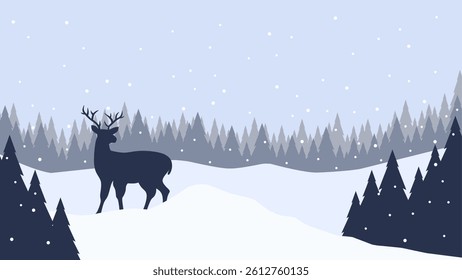 Wildlife landscape of reindeer in a winter scenery. Panoramic view of reindeer on a snowy hill with coniferous trees. Vector illustration of scenic landscape with reindeer on a cold season