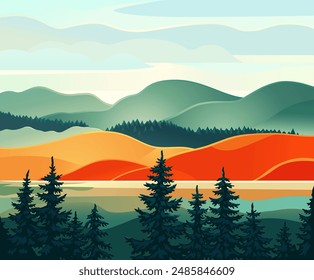 Wildlife landscape stylized as a background, figuratively reminiscent of the nature of the northern latitudes. Vector illustration.