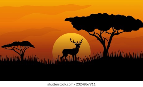 Wildlife landscape vector illustration. Wildlife africa savanna of giraffe with african tree and sunset sky. Wildlife silhouette landscape for background, wallpaper, display or landing page