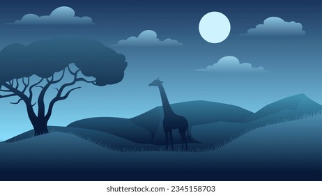 Wildlife landscape vector illustration. Wildlife landscape at night with giraffe and african tree. Wildlife landscape panorama for background, wallpaper, display or landing page