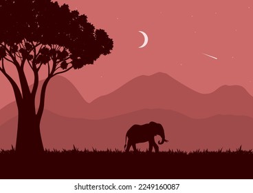 wildlife landscape vector illustration with a red silhouette