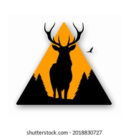 Wildlife Logo Design with deer and fir tree silhouettes and framed with triangles