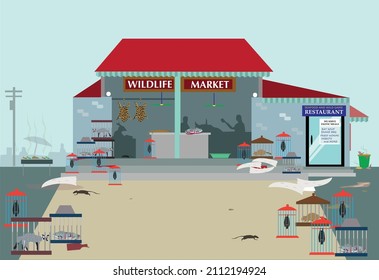 Wildlife Market With Exotic Restaurant Concept. Editable Clip Art.