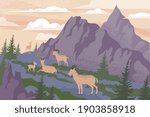 Wildlife mountain flat composition with outdoor highland scenery and group of goats in front of cliffs vector illustration
