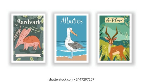 Wildlife and Nature Cards - Antelope, Albatross, Aardvark, Hand drawn cute Fox flyer. Vector illustration