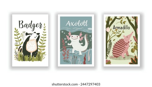 Wildlife and Nature Cards - Badger, Axolotl, Armadillo, Hand drawn cute Fox flyer. Vector illustration