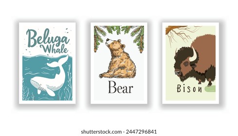 Wildlife and Nature Cards - Bear, Beluga Whale, Bison, Hand drawn cute Fox flyer. Vector illustration