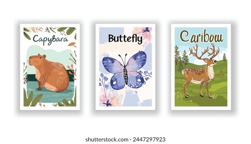 Wildlife and Nature Cards - Butterfly, Capybara, Caribou, Hand drawn cute Fox flyer. Vector illustration