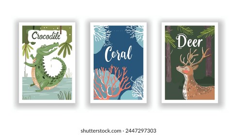 Wildlife and Nature Cards - Coral, Crocodile, Deer, Hand drawn cute Fox flyer. Vector illustration