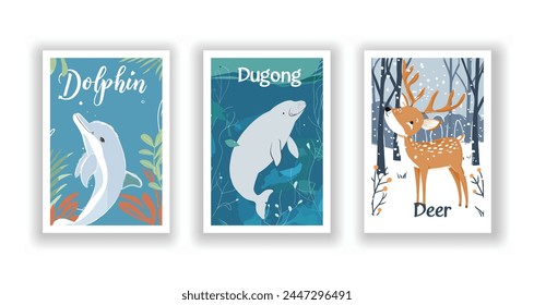 Wildlife and Nature Cards - Deer, Dolphin, Dugong, Hand drawn cute Fox flyer. Vector illustration