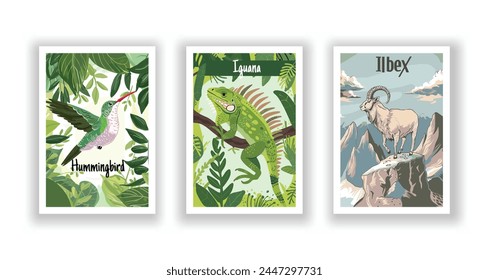 Wildlife and Nature Cards - Hummingbird, Ibex, Iguana, Hand drawn cute Fox flyer. Vector illustration