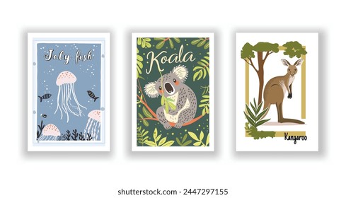 Wildlife and Nature Cards - Jellyfish, Kangaroo, Koala, Hand drawn cute Fox flyer. Vector illustration