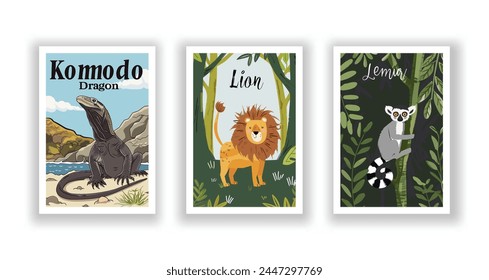 Wildlife and Nature Cards - Komodo Dragon, Lemur, Lion, Hand drawn cute Fox flyer. Vector illustration