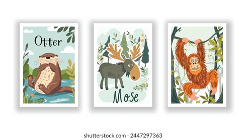 Wildlife and Nature Cards - Otter, Orangutan, Moose, Hand drawn cute Fox flyer. Vector illustration