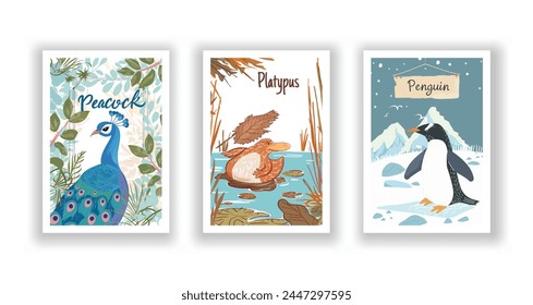 Wildlife and Nature Cards - Peacock, Penguin, Platypus, Hand drawn cute Fox flyer. Vector illustration