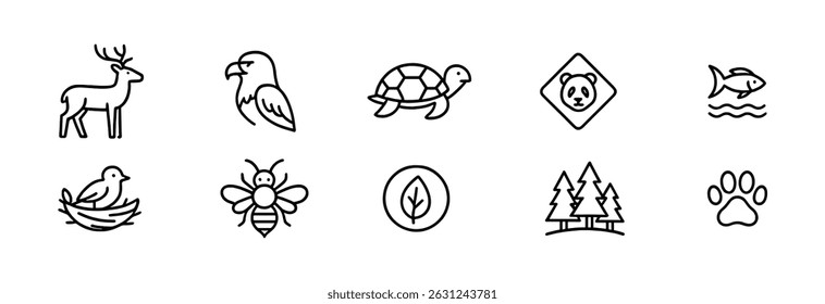 Wildlife and nature icon set - outline, animals and forest symbols