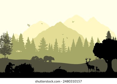 Silueta del paisaje de la naturaleza salvaje. Plantilla de diseño de Ilustración vectorial