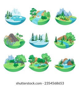 Conjunto de ilustraciones vectoriales de paisajes de naturaleza silvestre. Bosque de verano, río, cascada, árboles y flores, montañas de nieve de invierno y icebergs en íconos de agua. Naturaleza, viajes, concepto climático