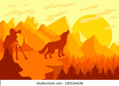 Wildlife, nature photographer flat vector illustration
