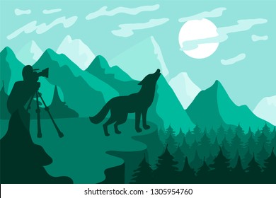 Wildlife, nature photographer flat vector illustration