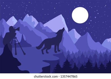 Wildlife, nature photographer flat vector illustration