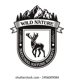 Wildlife nature protection symbol design. Monochrome element with moose, mountain landscape vector illustration with text on badge or heraldry. National park concept for stamps and emblems templates