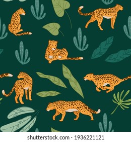 Wildlife and nature, running wild animal with furry and spotted coat. Cheetah or leopard with leaves of tropical flowers and foliage. Flora and fauna or reservation. Seamless pattern, vector in flat