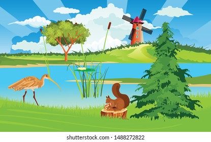 Wildlife nature scene, squirrel and birds at the river vector