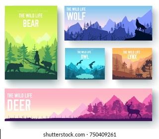 Wildlife in nature vector brochure cards set. Animals template of flyer, magazines, poster, book cover, banners. Habitat invitation concept background. Layout illustration modern page