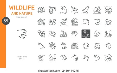 Wildlife and Nature Vector Icons Set. Forest Animals, Birds, Plants, Landscapes, and Natural Habitats. Editable Symbols Collection on White Background.