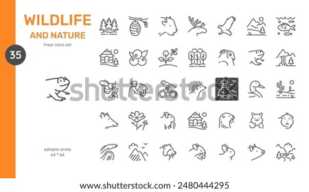 Wildlife and Nature Vector Icons Set. Forest Animals, Birds, Plants, Landscapes, and Natural Habitats. Editable Symbols Collection on White Background.