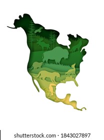 Vida silvestre de América del Norte, continente mundial. Ilustración vectorial en estilo de arte de papel. Mapa de Norteamérica Continental con naturaleza, bisonte, racón de alce, zorrillo rayado, siluetas de animales salvajes coyote jaguar.