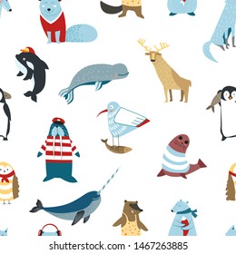 Wildlife North animals birds and fish seamless pattern mammals vector reindeer and seal whale and penguin walrus and wolf, endless texture bear and owl gull with fish and narwhal wallpaper print