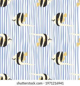 Wildlife ocean seamless pattern with hand drawn imperial angelfish ornament. Blue striped background. Designed for fabric design, textile print, wrapping, cover. Vector illustration.