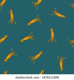 Wildlife ocean seamless pattern with orange colored squid ornament. Turquoise background. Decorative backdrop for fabric design, textile print, wrapping, cover. Vector illustration